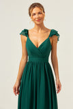 Dark Green A Line V-Neck Chiffon Bridesmaid Dress with Ruffles