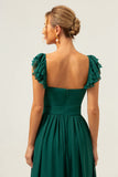 Dark Green A Line V-Neck Chiffon Bridesmaid Dress with Ruffles