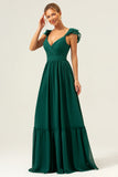 Dark Green A Line V-Neck Chiffon Bridesmaid Dress with Ruffles