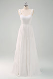 A-Line White Pleated Empire Waist Long Prom Dress with Bow