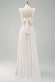 A-Line White Pleated Empire Waist Long Prom Dress with Bow