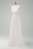 A-Line White Pleated Empire Waist Long Prom Dress with Bow