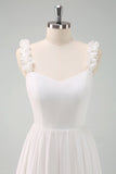 A-Line White Pleated Empire Waist Long Prom Dress with Bow