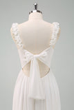 A-Line White Pleated Empire Waist Long Prom Dress with Bow