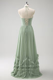 Dusty Sage Halter Corset Ruffled Chiffon Bridesmaid Dress with Slit