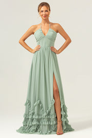 Dusty Sage Halter Corset Ruffled Chiffon Bridesmaid Dress with Slit