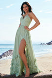 Dusty Sage Halter Ruffled Chiffon A-Line Bridesmaid Dress with Slit