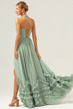 Dusty Sage Halter Corset Ruffled Chiffon Bridesmaid Dress with Slit