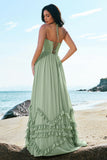 Dusty Sage Halter Ruffled Chiffon A-Line Bridesmaid Dress with Slit