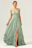 Dusty Sage Halter Corset Ruffled Chiffon Bridesmaid Dress with Slit