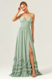 Dusty Sage Halter Corset Ruffled Chiffon Bridesmaid Dress with Slit