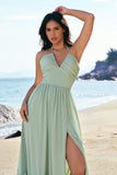 Dusty Sage Halter Ruffled Chiffon A-Line Bridesmaid Dress with Slit