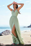 Dusty Sage Halter Ruffled Chiffon A-Line Bridesmaid Dress with Slit