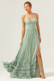 Dusty Sage Halter Corset Ruffled Chiffon Bridesmaid Dress with Slit