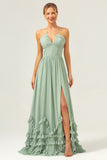 Dusty Sage Halter Corset Ruffled Chiffon Bridesmaid Dress with Slit