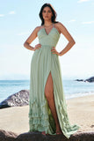 Dusty Sage Halter Ruffled Chiffon A-Line Bridesmaid Dress with Slit