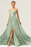 Dusty Sage Halter Corset Ruffled Chiffon Bridesmaid Dress with Slit