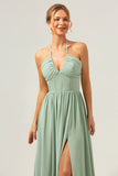 Dusty Sage Halter Corset Ruffled Chiffon Bridesmaid Dress with Slit