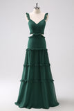 Dark Green A-Line Cut Out Ruffled Chiffon Bridesmaid Dress