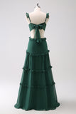 Dark Green A-Line Hollow Out Ruffled Long Bridesmaid Dress