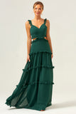 Dark Green A-Line Cut Out Ruffled Chiffon Bridesmaid Dress