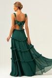 Dark Green A-Line Hollow Out Ruffled Long Bridesmaid Dress