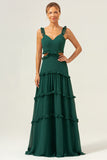 Dark Green A-Line Cut Out Ruffled Chiffon Bridesmaid Dress