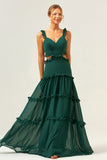 Dark Green A-Line Cut Out Ruffled Chiffon Bridesmaid Dress