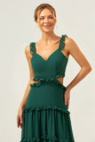 Dark Green A-Line Cut Out Ruffled Chiffon Bridesmaid Dress