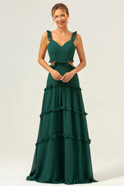 Dark Green A-Line Cut Out Ruffled Chiffon Bridesmaid Dress