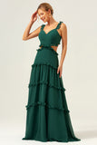 Dark Green A-Line Cut Out Ruffled Chiffon Bridesmaid Dress