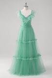 Green V-Neck Tulle A-Line Tiered Bridesmaid Dress