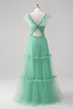 Green V-Neck Tulle A-Line Tiered Bridesmaid Dress