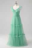 Green V-Neck Tulle A-Line Tiered Bridesmaid Dress