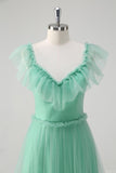 Green V-Neck Tulle A-Line Tiered Bridesmaid Dress