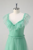 Green V-Neck Tulle A-Line Tiered Bridesmaid Dress