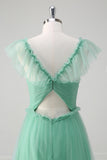 Green V-Neck Tulle A-Line Tiered Bridesmaid Dress