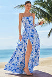 Blue A-Line Floral Spaghetti Straps Long Bridesmaid Dress with Slit