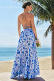 Blue A-Line Floral Spaghetti Straps Long Bridesmaid Dress with Slit