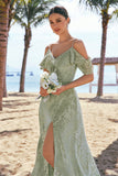 Dusty Sage Cold Shoulder Floral Printed Bridesmaid Dress with Slit