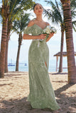 Dusty Sage Cold Shoulder Floral Printed Bridesmaid Dress with Slit