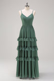 Eucalyptus A-Line V-Neck Tiered Chiffon Bridesmaid Dress