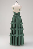 Eucalyptus A-Line V-Neck Tiered Chiffon Bridesmaid Dress