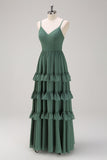 Eucalyptus A-Line Spaghetti Straps Tiered Chiffon Long Bridesmaid Dress