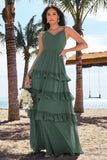 Eucalyptus A-Line V-Neck Tiered Chiffon Bridesmaid Dress