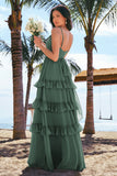 Eucalyptus A-Line V-Neck Tiered Chiffon Bridesmaid Dress