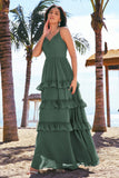 Eucalyptus A-Line V-Neck Tiered Chiffon Bridesmaid Dress