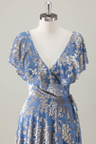 Grey Blue A-Line V Neck Floral Printed Burnout Velvet Bridesmaid Dress