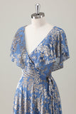 Grey Blue A-Line V Neck Floral Printed Burnout Velvet Bridesmaid Dress