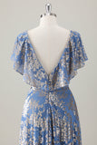 Grey Blue A-Line V Neck Floral Printed Burnout Velvet Bridesmaid Dress